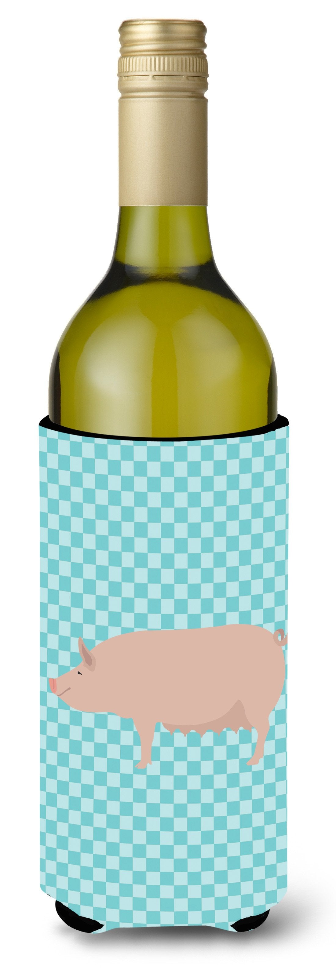 English Large White Pig Blue Check Wine Bottle Hugger Gift Sleeve for Standard 750 ml Bottles, Insulated Reusable Also Fits Mini Shot & Pint Bottles