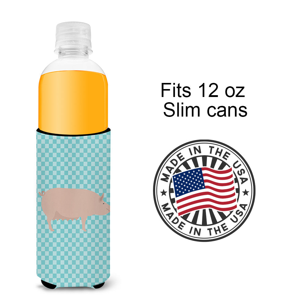 English Large White Pig Blue Check Slim Can Hugger , Insulated Foam Hugger for 12 oz Slim Cans, Beer Bottles & Water Bottles, Printed in USA