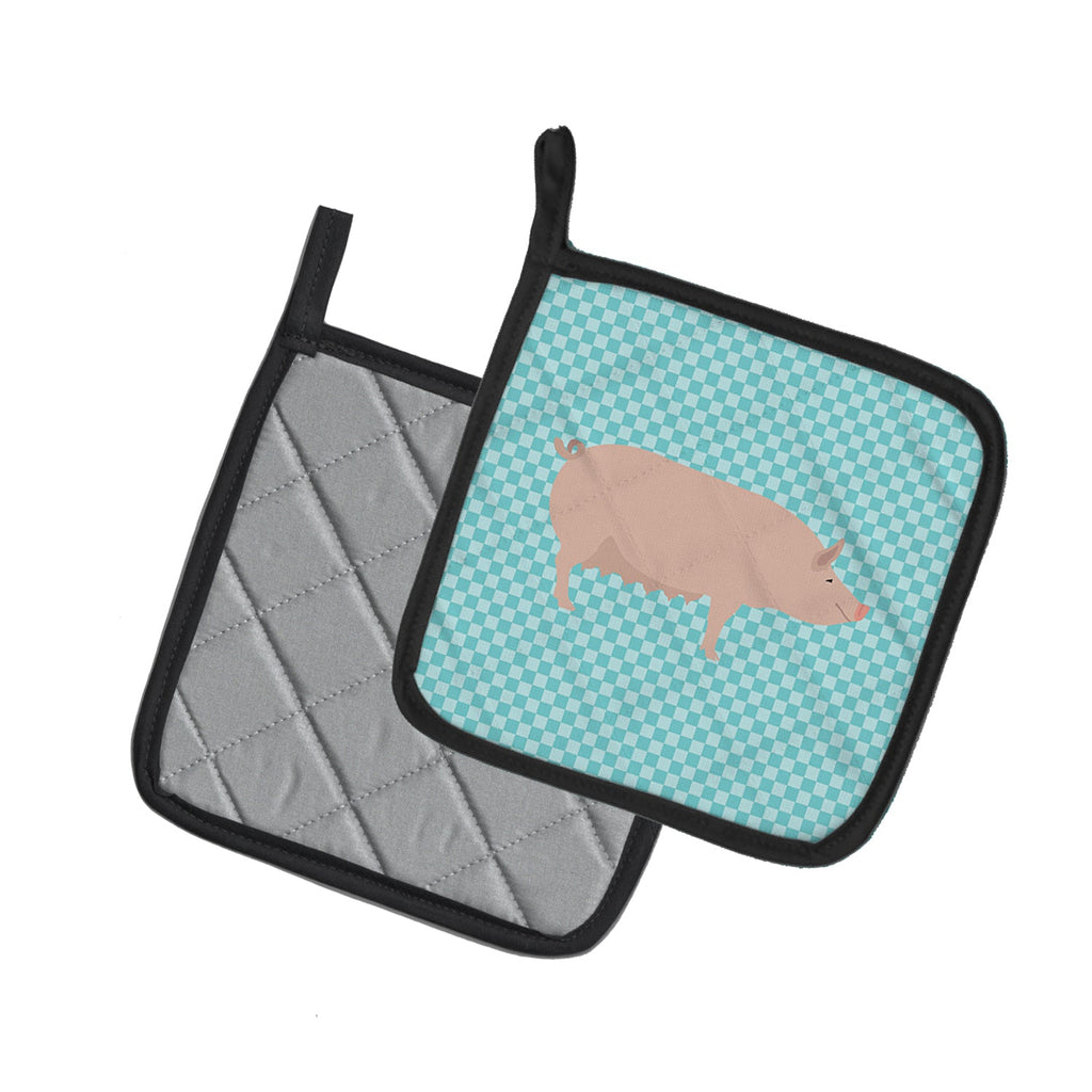 English Large White Pig Blue Check Pot Holder Set of 2 Heat Resistant Quilted Hot Pads 7.5 x 7.5 Inch, Insulated Kitchen Trivets for Cooking & Baking