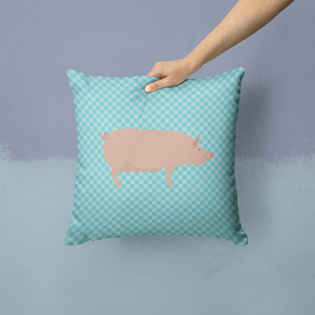 English Large White Pig Blue Check Decorative Throw Pillow 14x14 Indoor Outdoor Accent Cushion, Fabric Cover with Insert for Sofa, Bed, Porch & Living Room