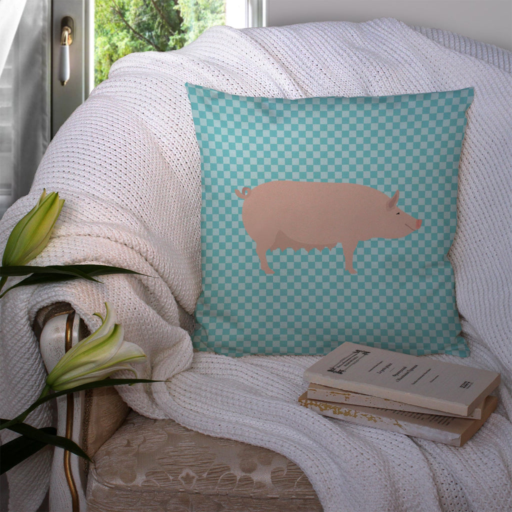 English Large White Pig Blue Check Decorative Throw Pillow 14x14 Indoor Outdoor Accent Cushion, Fabric Cover with Insert for Sofa, Bed, Porch & Living Room