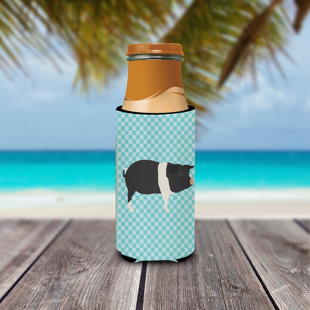 Hampshire Pig Blue Check Slim Can Hugger , Insulated Foam Hugger for 12 oz Slim Cans, Beer Bottles & Water Bottles, Printed in USA