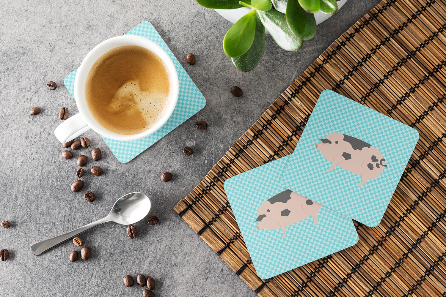 Gloucester Old Spot Pig Blue Check Foam Coasters Set of 4 Cup Coasters for Indoor Outdoor, Tabletop Protection, Anti Slip, Mouse pad Material