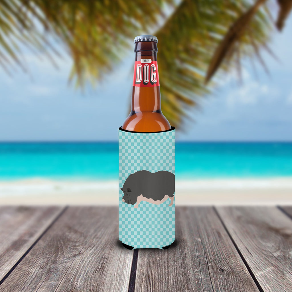 Vietnamese Pot-Bellied Pig Blue Check Slim Can Hugger , Insulated Foam Hugger for 12 oz Slim Cans, Beer Bottles & Water Bottles, Printed in USA