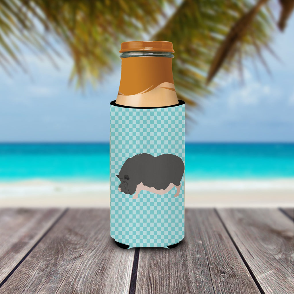 Vietnamese Pot-Bellied Pig Blue Check Slim Can Hugger , Insulated Foam Hugger for 12 oz Slim Cans, Beer Bottles & Water Bottles, Printed in USA
