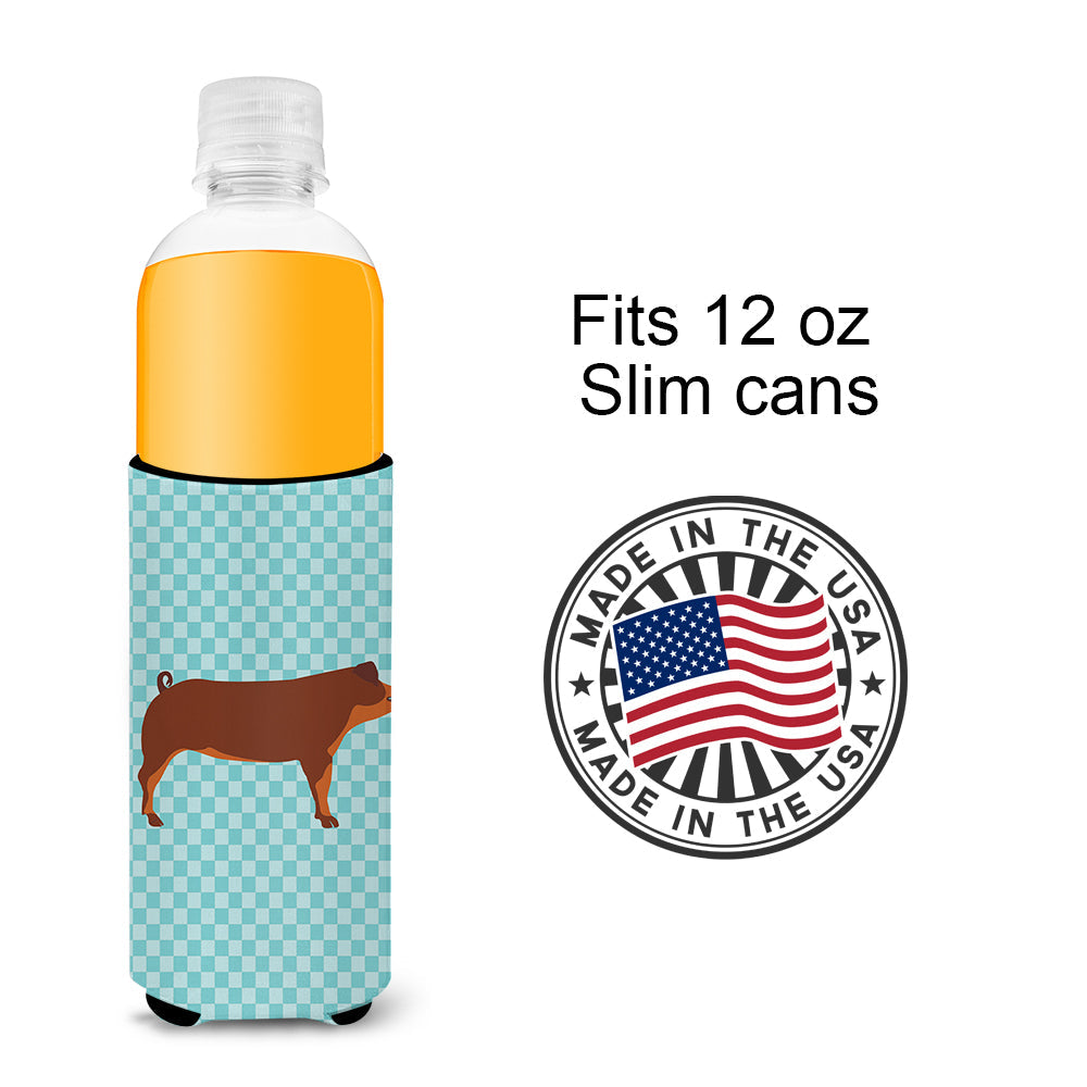 Duroc Pig Blue Check Slim Can Hugger , Insulated Foam Hugger for 12 oz Slim Cans, Beer Bottles & Water Bottles, Printed in USA