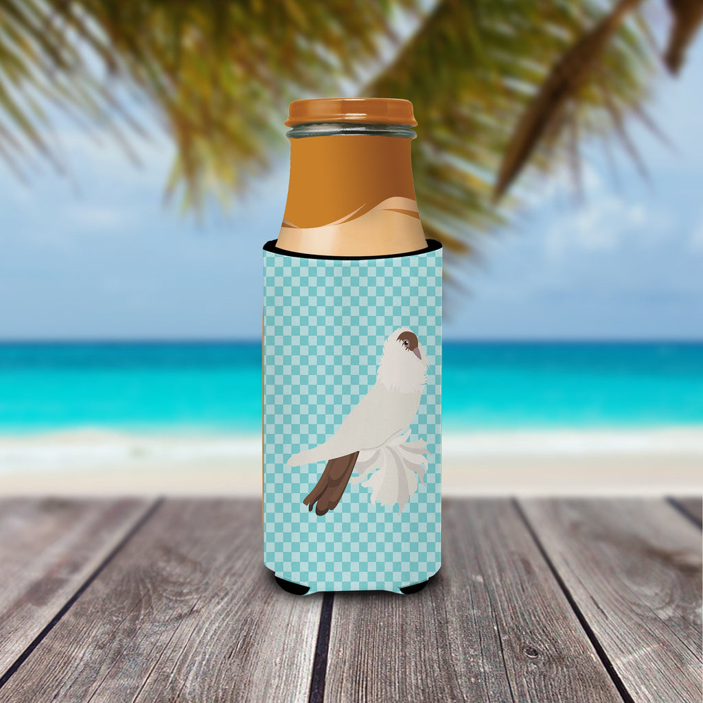German Helmet Pigeon Blue Check Slim Can Hugger , Insulated Foam Hugger for 12 oz Slim Cans, Beer Bottles & Water Bottles, Printed in USA