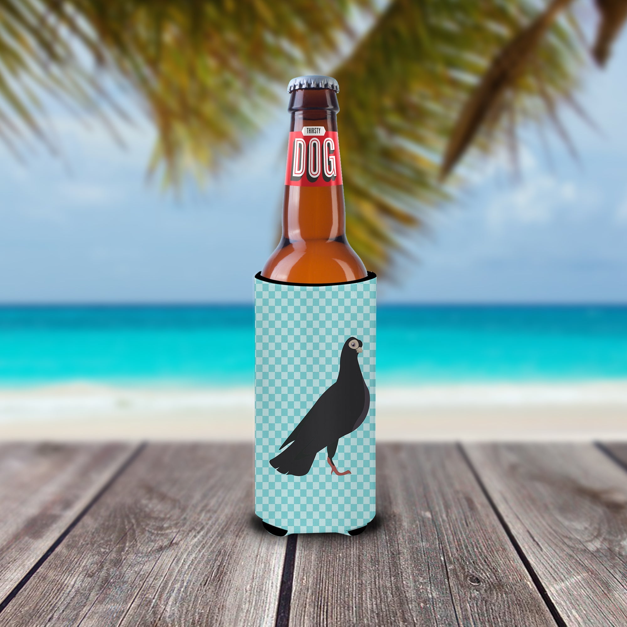 Budapest Highflyer Pigeon Blue Check Slim Can Hugger , Insulated Foam Hugger for 12 oz Slim Cans, Beer Bottles & Water Bottles, Printed in USA