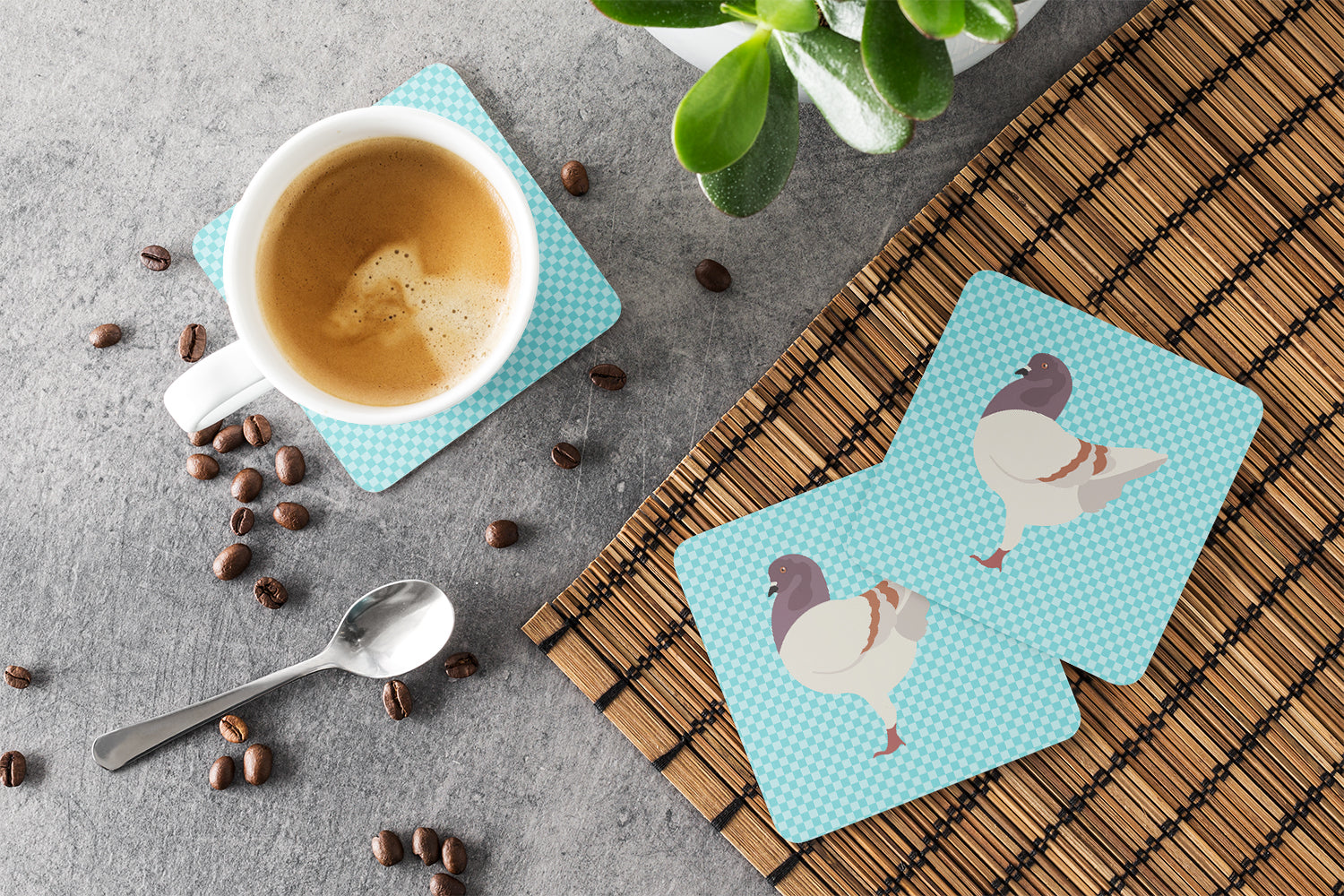 German Modena Pigeon Blue Check Foam Coasters Set of 4 Cup Coasters for Indoor Outdoor, Tabletop Protection, Anti Slip, Mouse pad Material