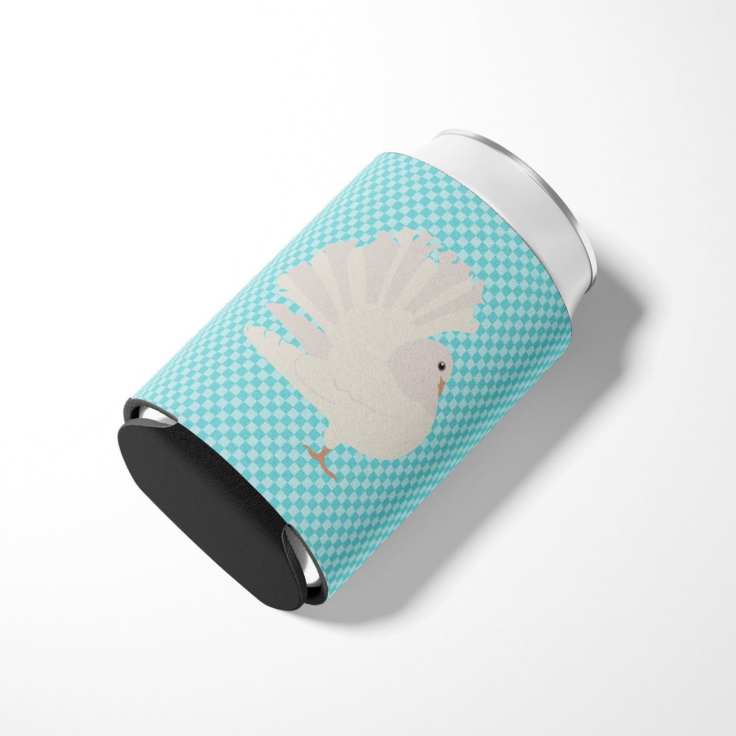 Silver Fantail Pigeon Blue Check Can or Bottle Hugger Cooler Sleeve for Standard 12 oz Cans, Insulated Foam Beer & Soda Can Hugger Reusable