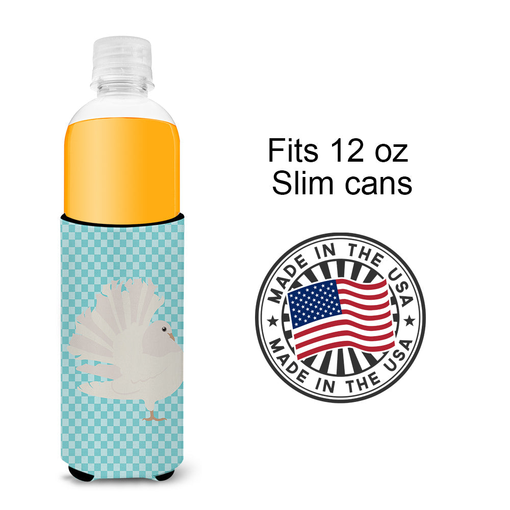 Silver Fantail Pigeon Blue Check Slim Can Hugger , Insulated Foam Hugger for 12 oz Slim Cans, Beer Bottles & Water Bottles, Printed in USA