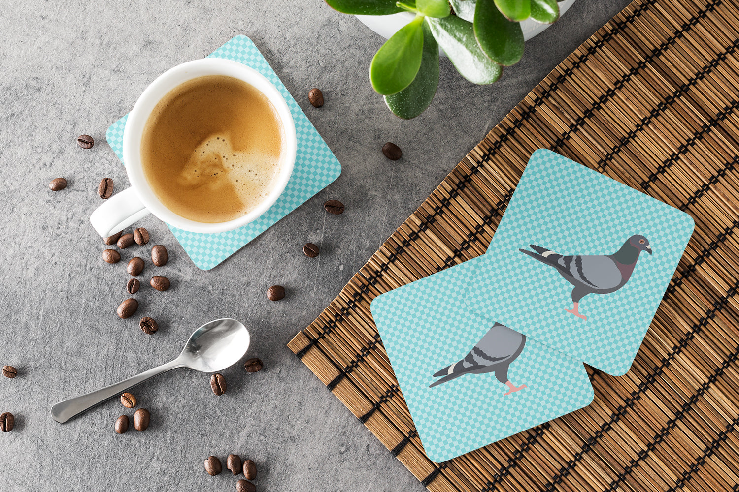 Racing Pigeon Blue Check Foam Coasters Set of 4 Cup Coasters for Indoor Outdoor, Tabletop Protection, Anti Slip, Mouse pad Material