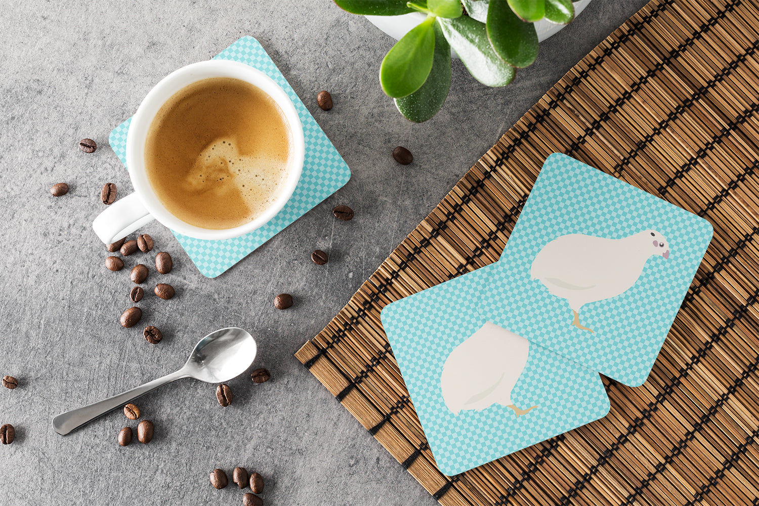 Texas Quail Blue Check Foam Coasters Set of 4 Cup Coasters for Indoor Outdoor, Tabletop Protection, Anti Slip, Mouse pad Material