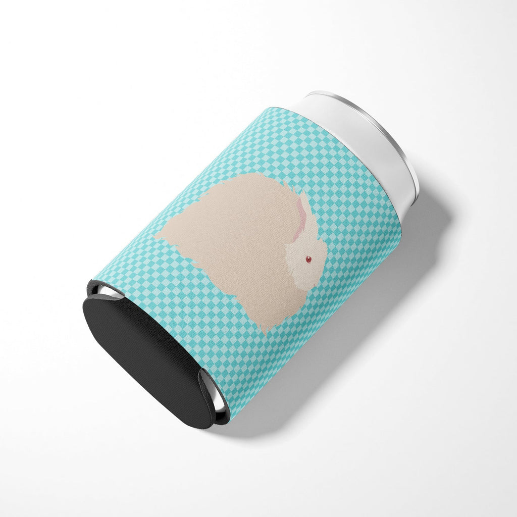 Fluffy Angora Rabbit Blue Check Can or Bottle Hugger Cooler Sleeve for Standard 12 oz Cans, Insulated Foam Beer & Soda Can Hugger Reusable