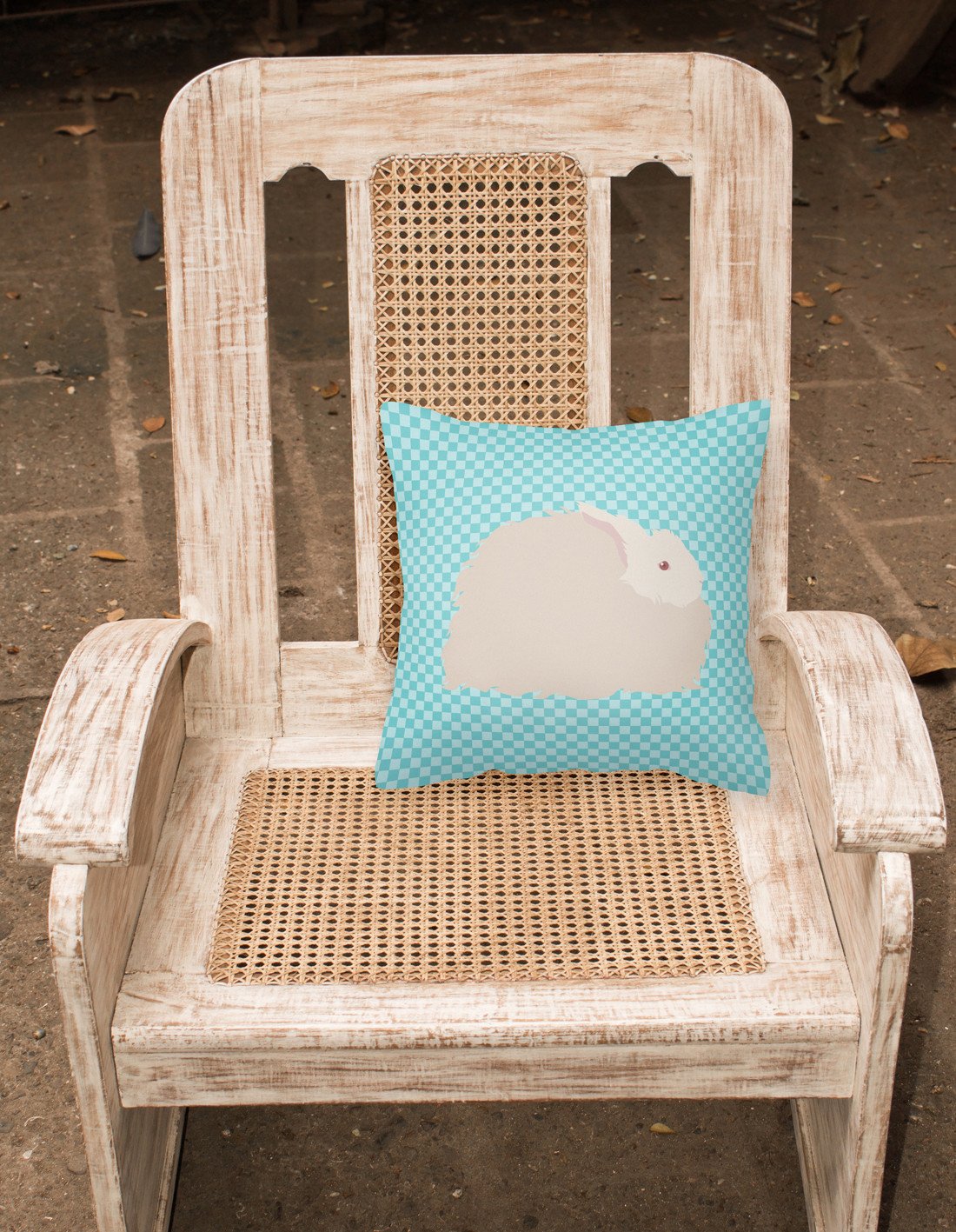 Fluffy Angora Rabbit Blue Check Decorative Throw Pillow 18x18 Indoor Outdoor Accent Cushion, Fabric Cover with Insert for Sofa, Bed, Porch & Living Room