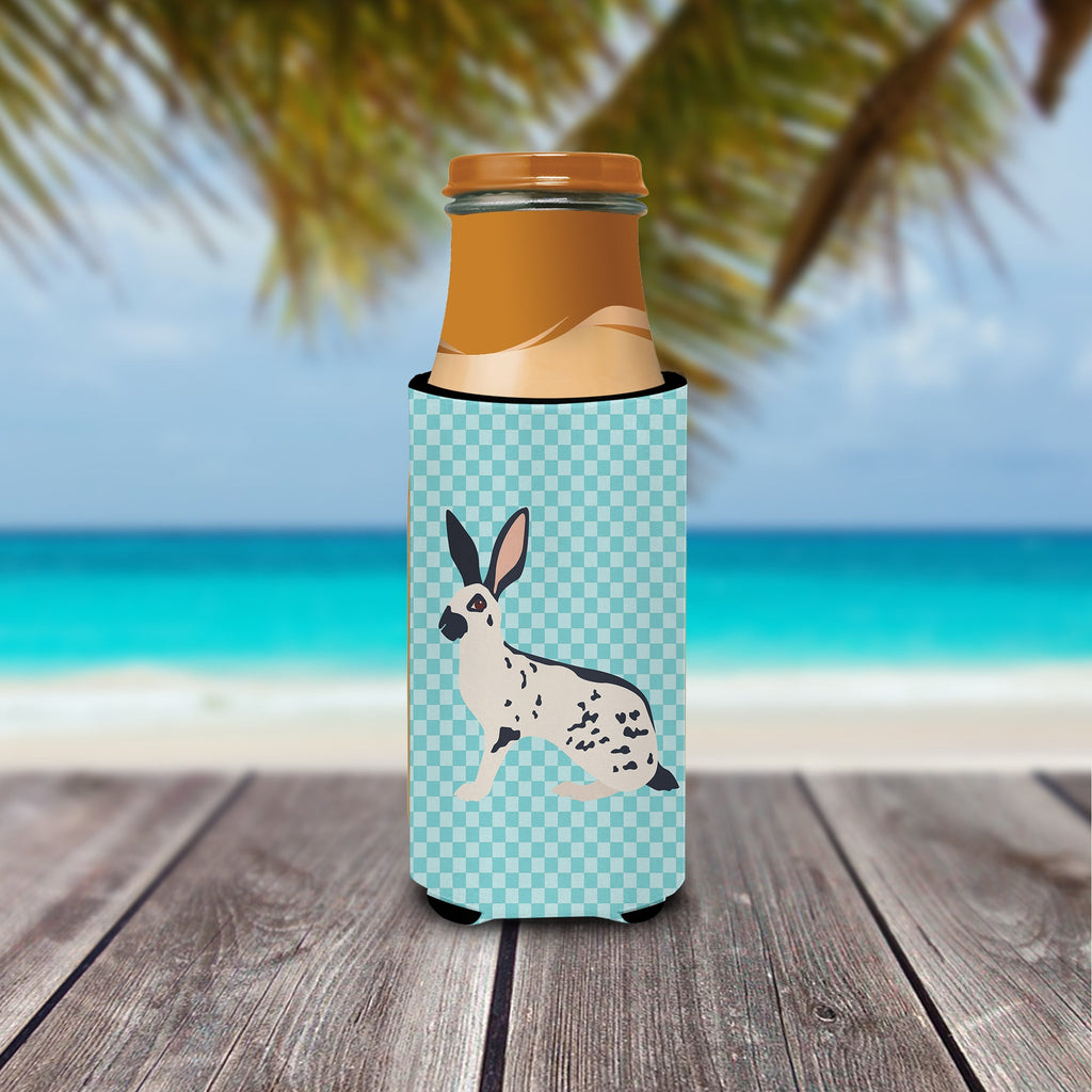 English Spot Rabbit Blue Check Slim Can Hugger , Insulated Foam Hugger for 12 oz Slim Cans, Beer Bottles & Water Bottles, Printed in USA
