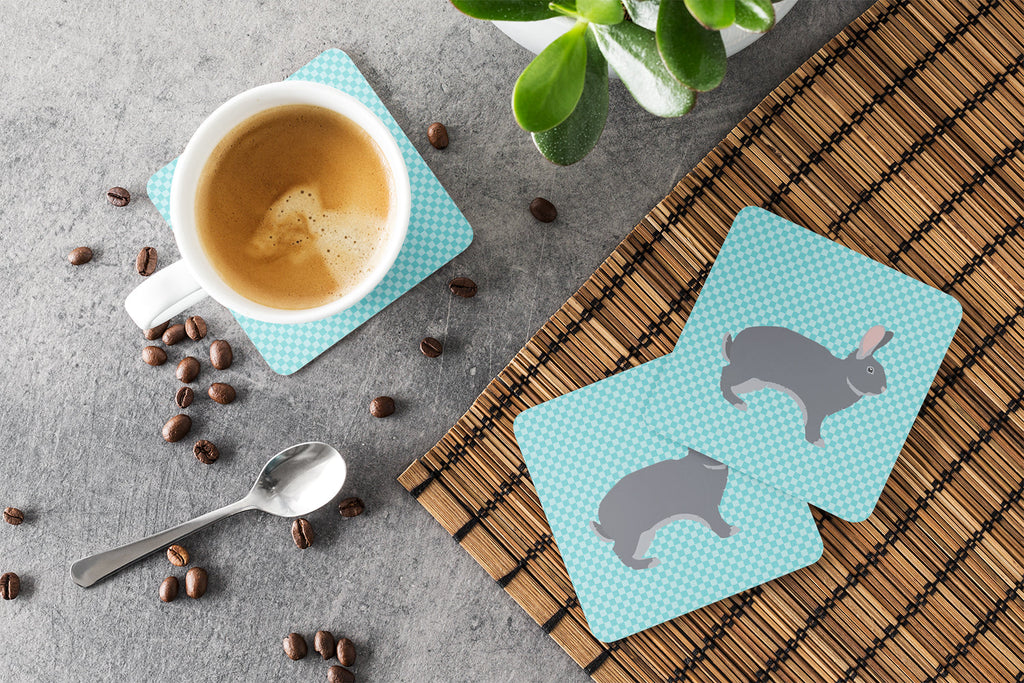 Giant Chinchilla Rabbit Blue Check Foam Coasters Set of 4 Cup Coasters for Indoor Outdoor, Tabletop Protection, Anti Slip, Mouse pad Material