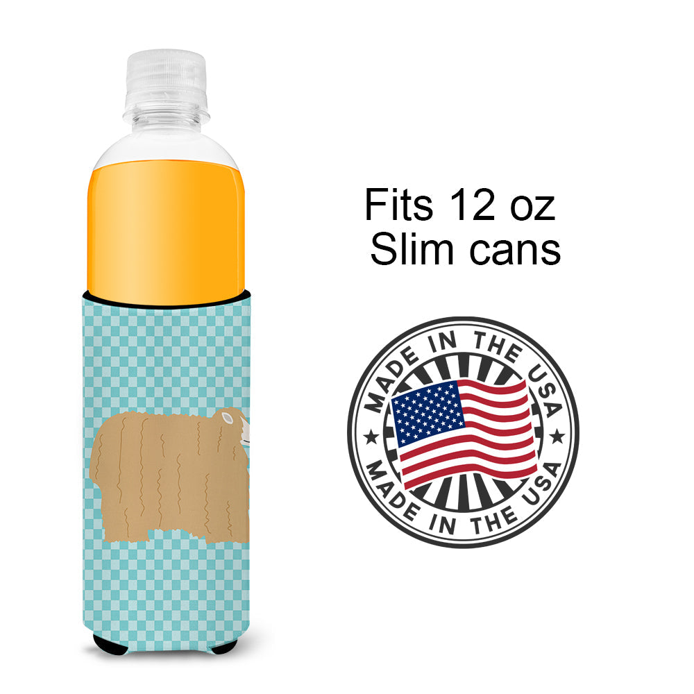Lincoln Longwool Sheep Blue Check Slim Can Hugger , Insulated Foam Hugger for 12 oz Slim Cans, Beer Bottles & Water Bottles, Printed in USA