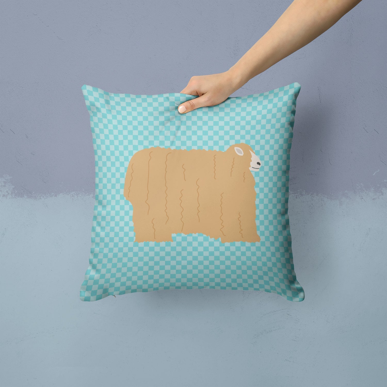 Lincoln Longwool Sheep Blue Check Decorative Throw Pillow 14x14 Indoor Outdoor Accent Cushion, Fabric Cover with Insert for Sofa, Bed, Porch & Living Room