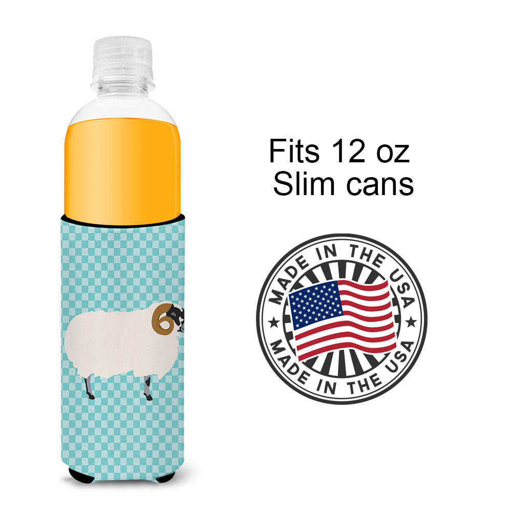 Scottish Blackface Sheep Blue Check Slim Can Hugger , Insulated Foam Hugger for 12 oz Slim Cans, Beer Bottles & Water Bottles, Printed in USA