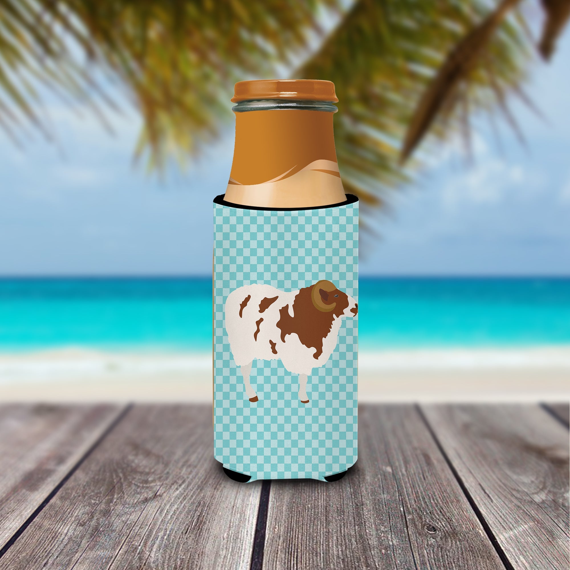 Jacob Sheep Blue Check Slim Can Hugger , Insulated Foam Hugger for 12 oz Slim Cans, Beer Bottles & Water Bottles, Printed in USA