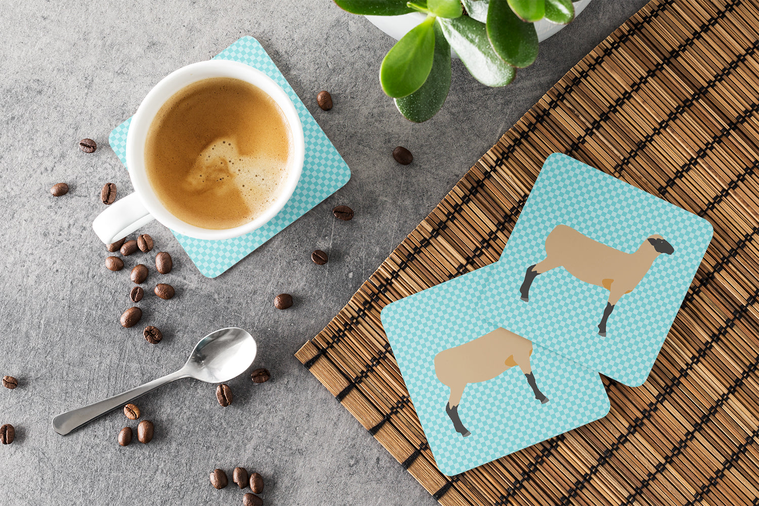 Hampshire Down Sheep Blue Check Foam Coasters Set of 4 Cup Coasters for Indoor Outdoor, Tabletop Protection, Anti Slip, Mouse pad Material