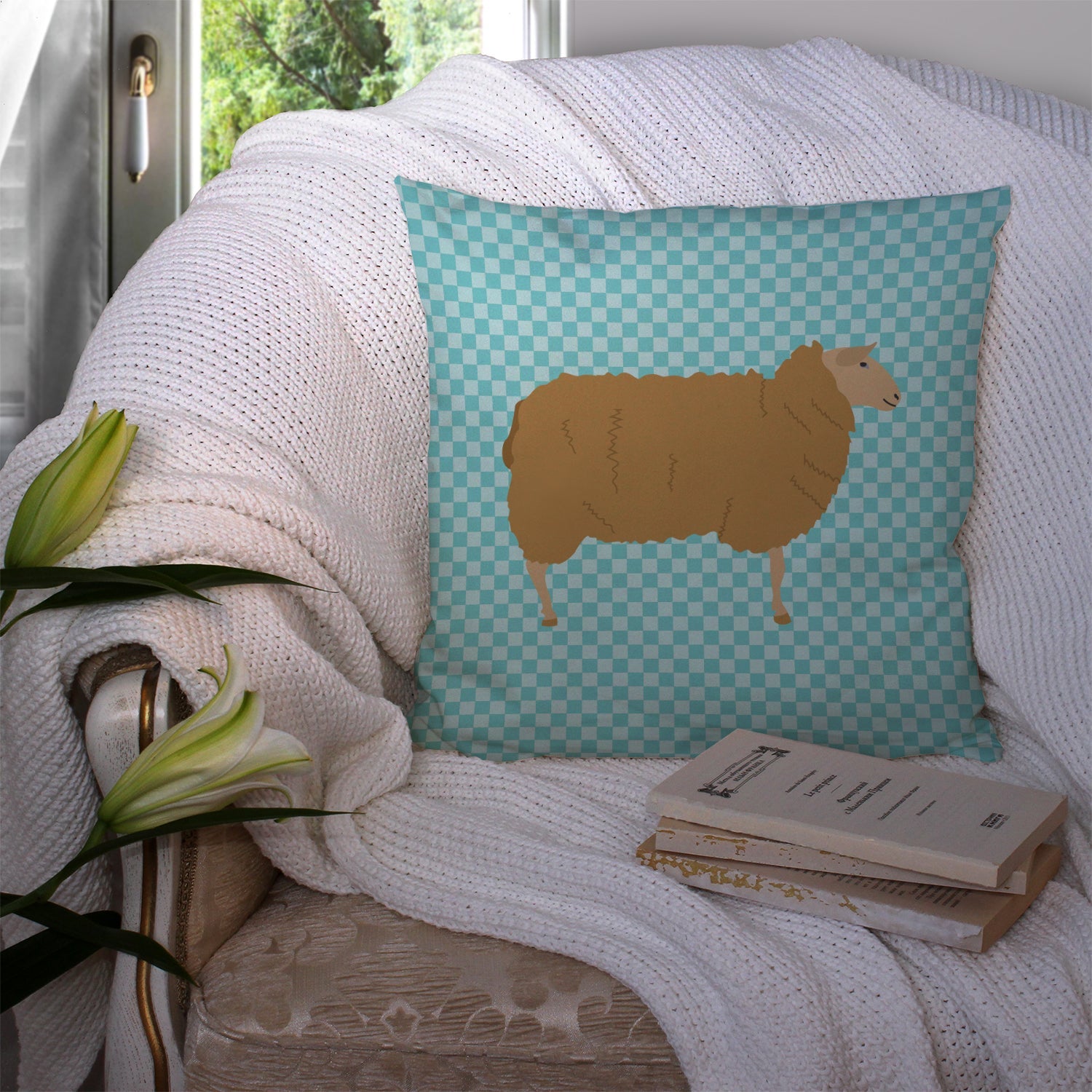 East Friesian Sheep Blue Check Decorative Throw Pillow 14x14 Indoor Outdoor Accent Cushion, Fabric Cover with Insert for Sofa, Bed, Porch & Living Room