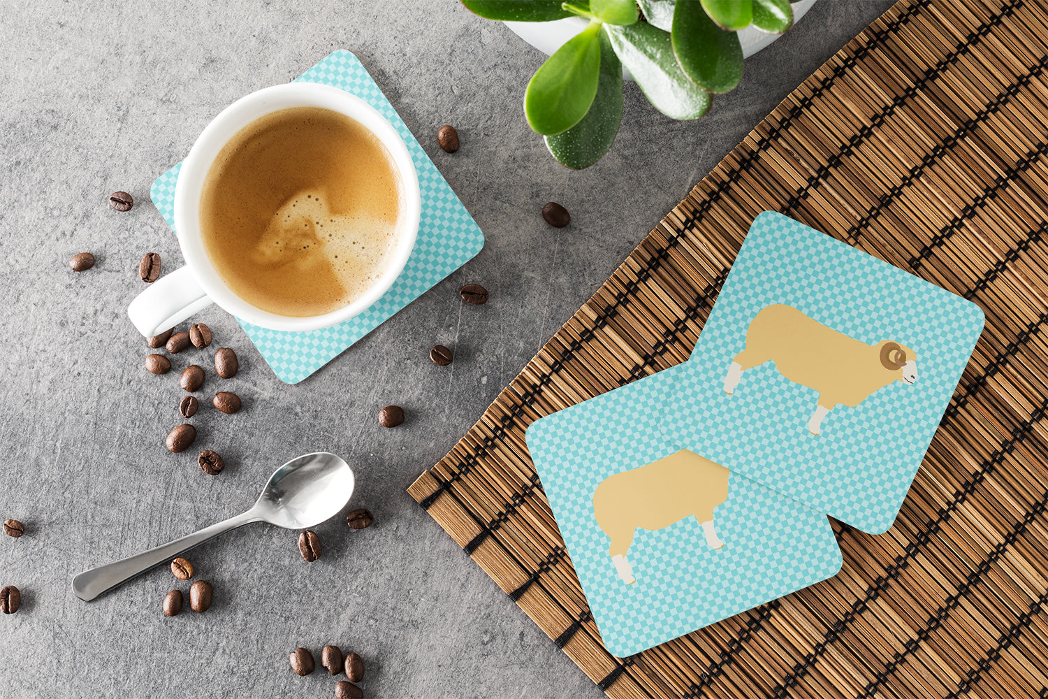 Horned Dorset Sheep Blue Check Foam Coasters Set of 4 Cup Coasters for Indoor Outdoor, Tabletop Protection, Anti Slip, Mouse pad Material