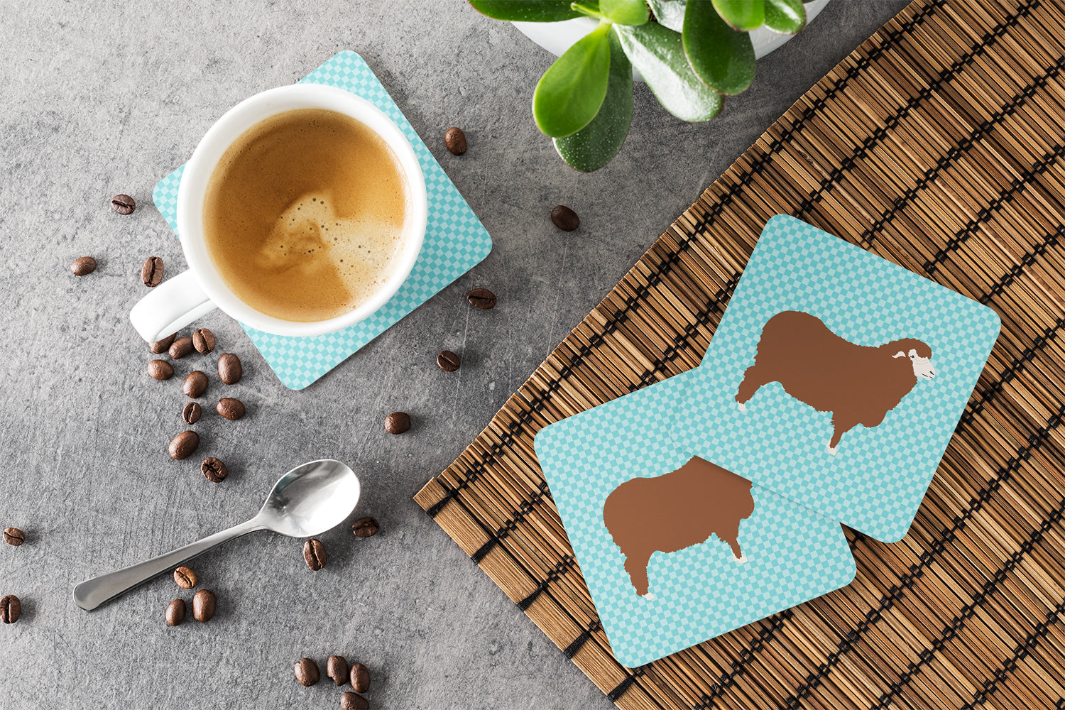 Merino Sheep Blue Check Foam Coasters Set of 4 Cup Coasters for Indoor Outdoor, Tabletop Protection, Anti Slip, Mouse pad Material