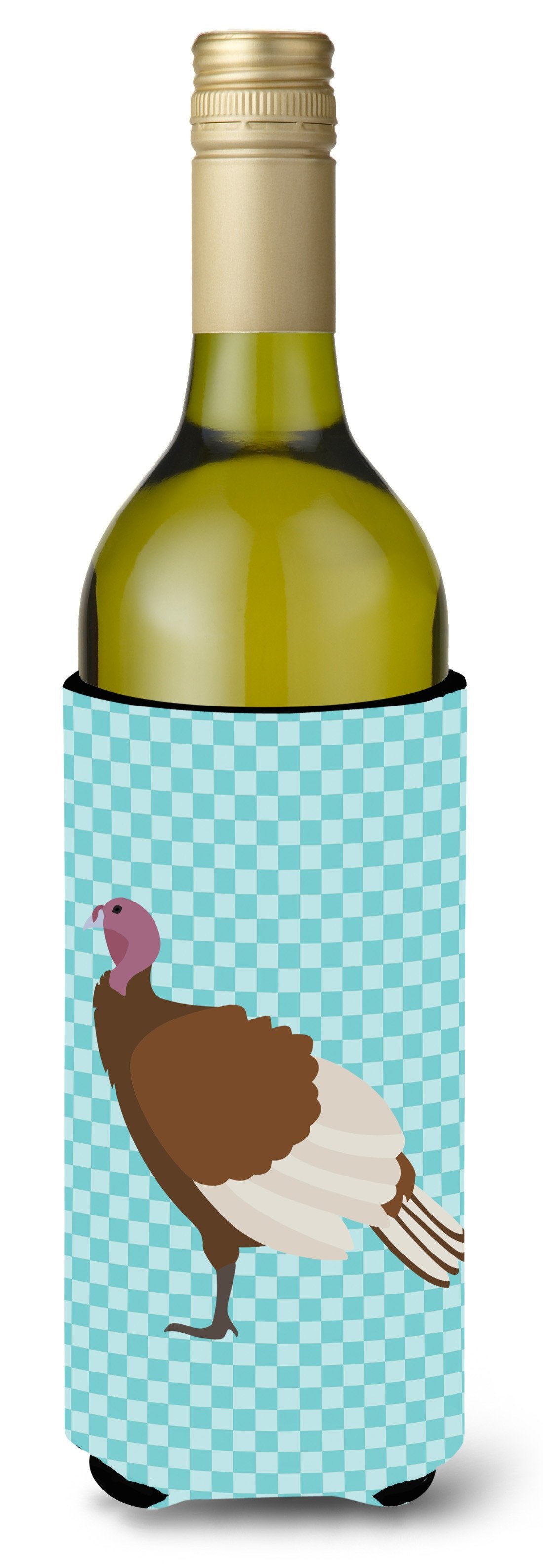 Bourbon Red Turkey Hen Blue Check Wine Bottle Hugger Gift Sleeve for Standard 750 ml Bottles, Insulated Reusable Also Fits Mini Shot & Pint Bottles