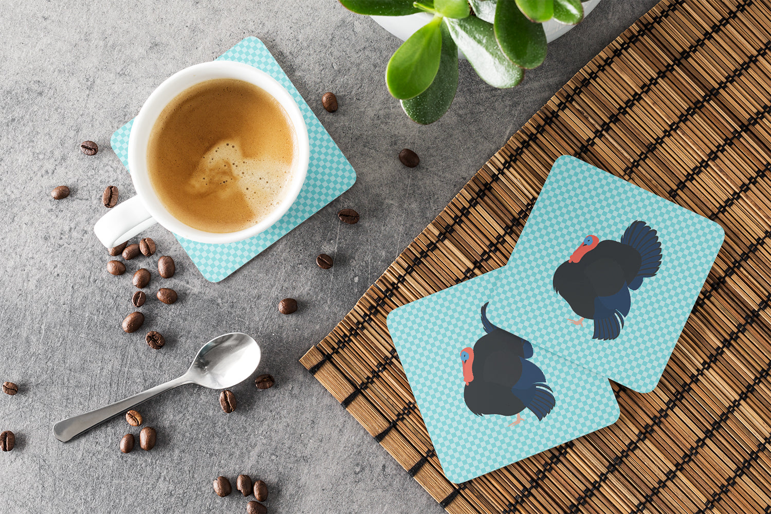 Norfolk Black Turkey Blue Check Foam Coasters Set of 4 Cup Coasters for Indoor Outdoor, Tabletop Protection, Anti Slip, Mouse pad Material