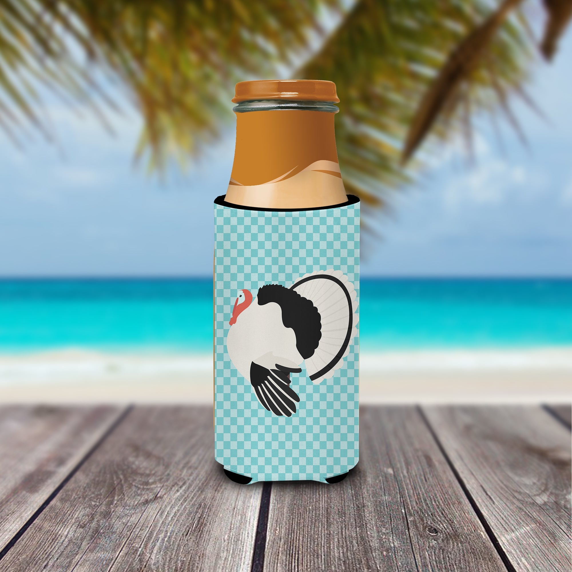 Royal Palm Turkey Blue Check Slim Can Hugger , Insulated Foam Hugger for 12 oz Slim Cans, Beer Bottles & Water Bottles, Printed in USA