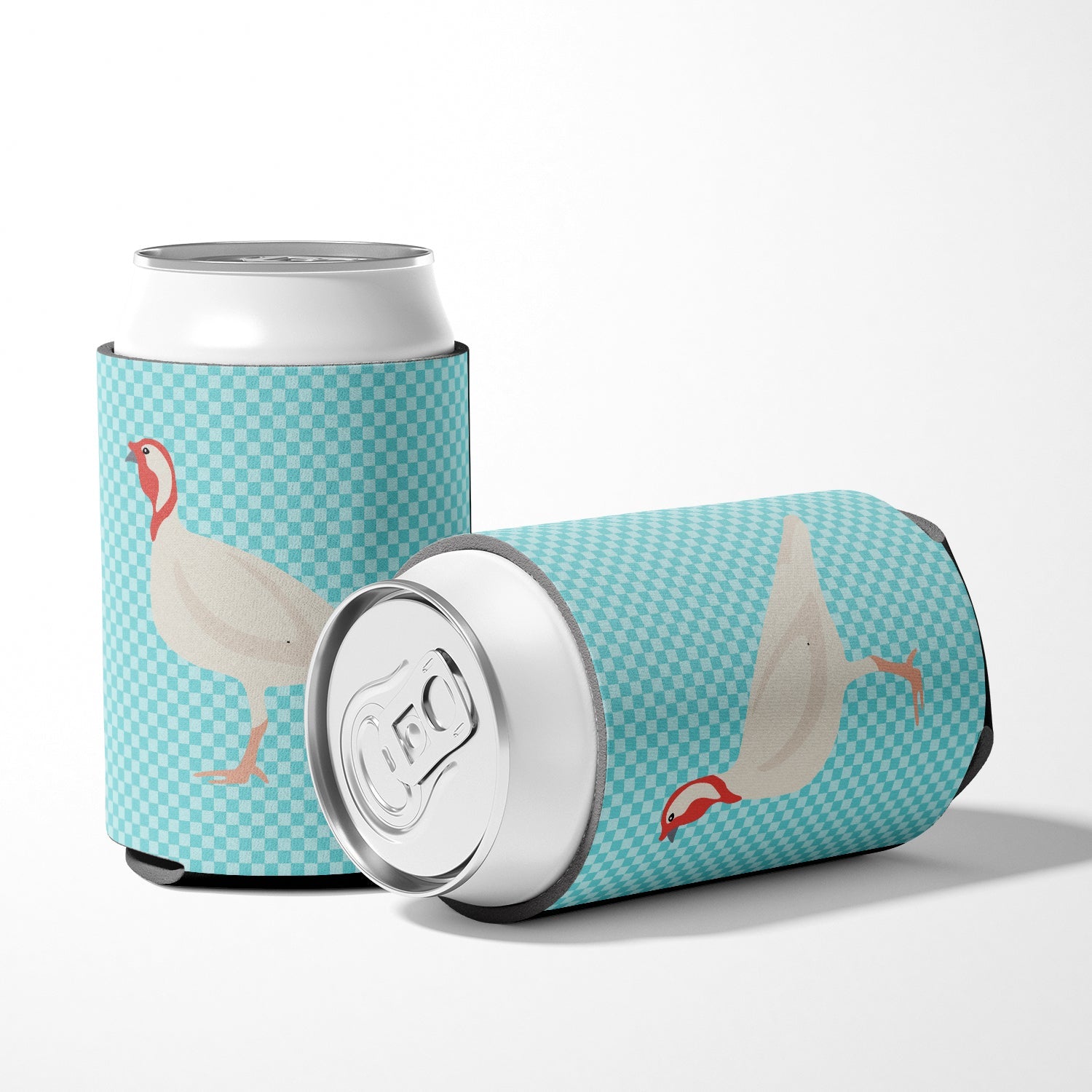 Beltsville Small White Turkey Hen Blue Check Can or Bottle Hugger Cooler Sleeve for Standard 12 oz Cans, Insulated Foam Beer & Soda Can Hugger Reusable