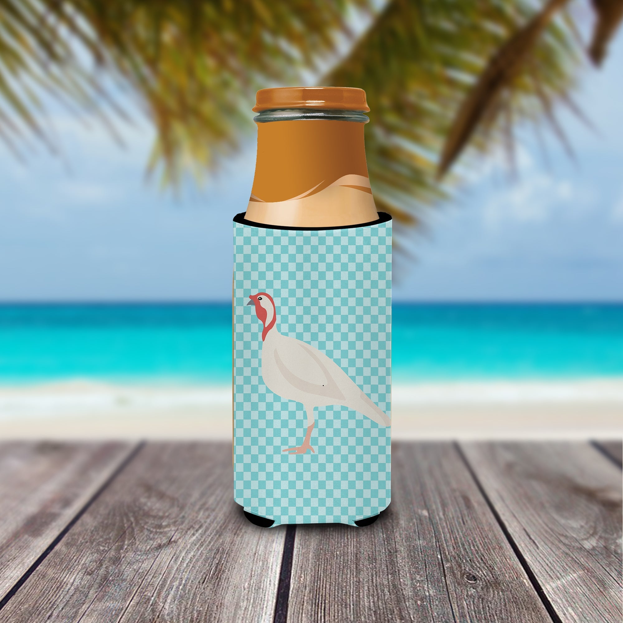 Beltsville Small White Turkey Hen Blue Check Slim Can Hugger , Insulated Foam Hugger for 12 oz Slim Cans, Beer Bottles & Water Bottles, Printed in USA