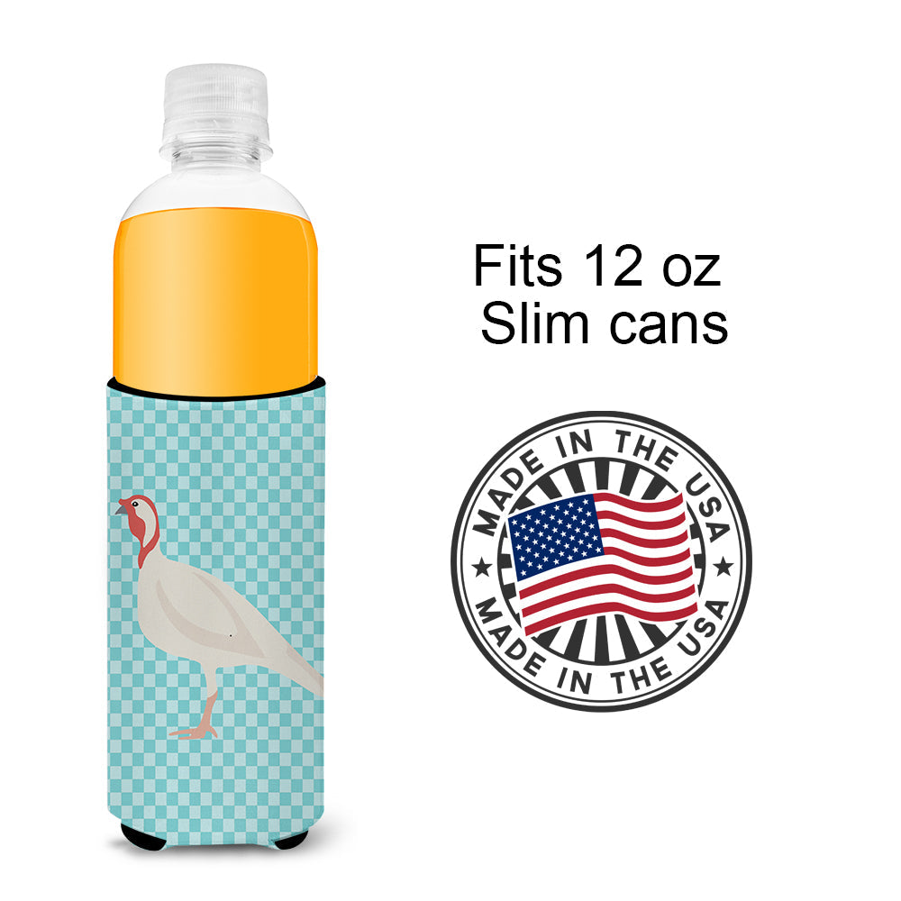 Beltsville Small White Turkey Hen Blue Check Slim Can Hugger , Insulated Foam Hugger for 12 oz Slim Cans, Beer Bottles & Water Bottles, Printed in USA
