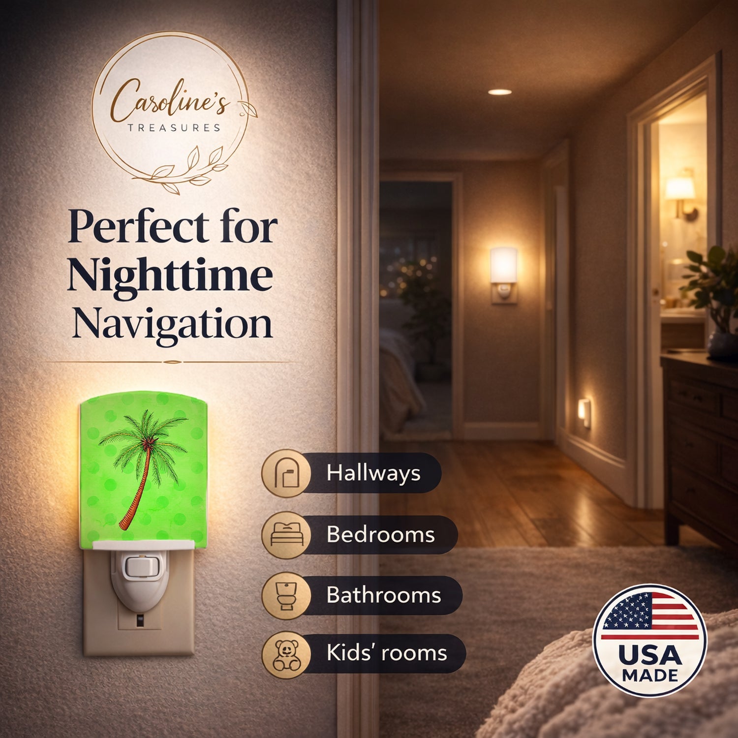Palm Tree Green Polkadot Ceramic Night Light Compact, UL-Certified, Ideal for Bedroom, Bathroom, Nursery, Hallway, Kitchen, 6x4x3, Multicolor