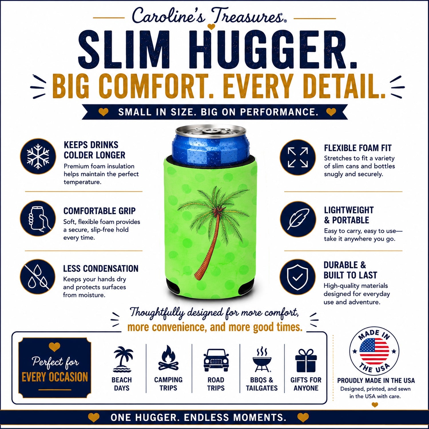 Palm Tree Green Polkadot Slim Can Hugger  Insulated Foam Sleeve for 12 oz Slim Cans, Beer Bottles & Water Bottles, Made in USA