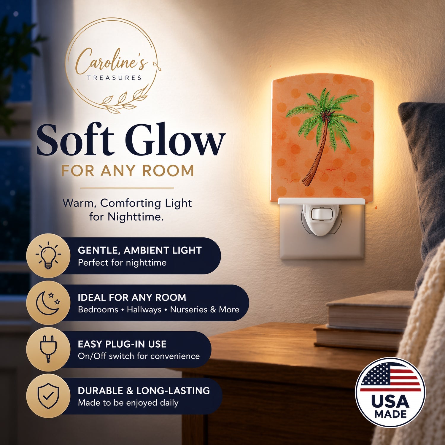 Palm Tree Orange Polkadot Ceramic Night Light Compact, UL-Certified, Ideal for Bedroom, Bathroom, Nursery, Hallway, Kitchen, 6x4x3, Multicolor