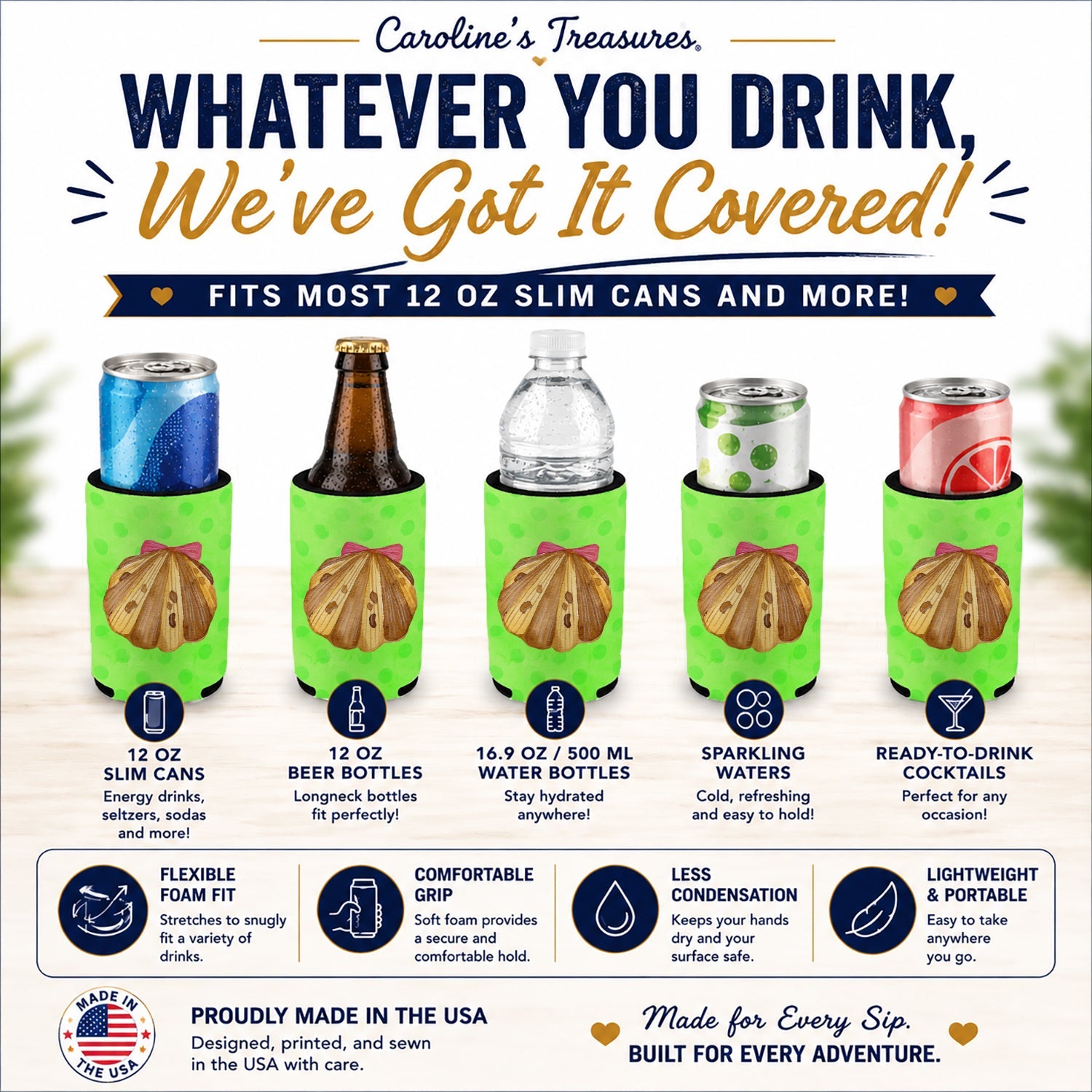 Sea Shell Green Polkadot Slim Can Hugger  Insulated Foam Sleeve for 12 oz Slim Cans, Beer Bottles & Water Bottles, Made in USA