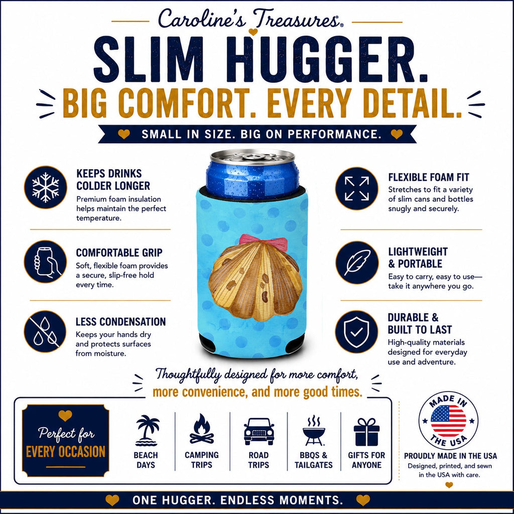 Sea Shell Blue Polkadot Slim Can Hugger  Insulated Foam Sleeve for 12 oz Slim Cans, Beer Bottles & Water Bottles, Made in USA