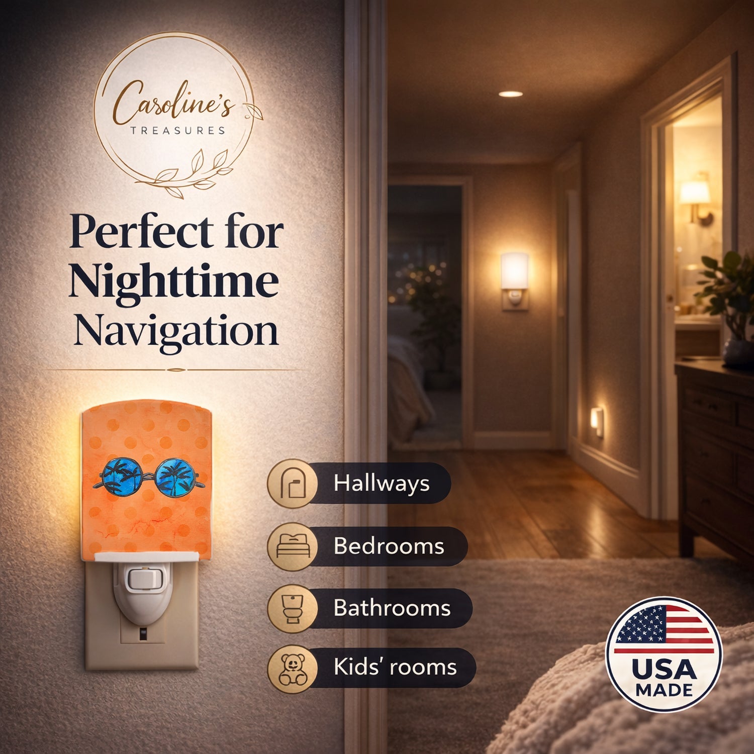 Sunglasses Orange Polkadot Ceramic Night Light Compact, UL-Certified, Ideal for Bedroom, Bathroom, Nursery, Hallway, Kitchen, 6x4x3, Multicolor