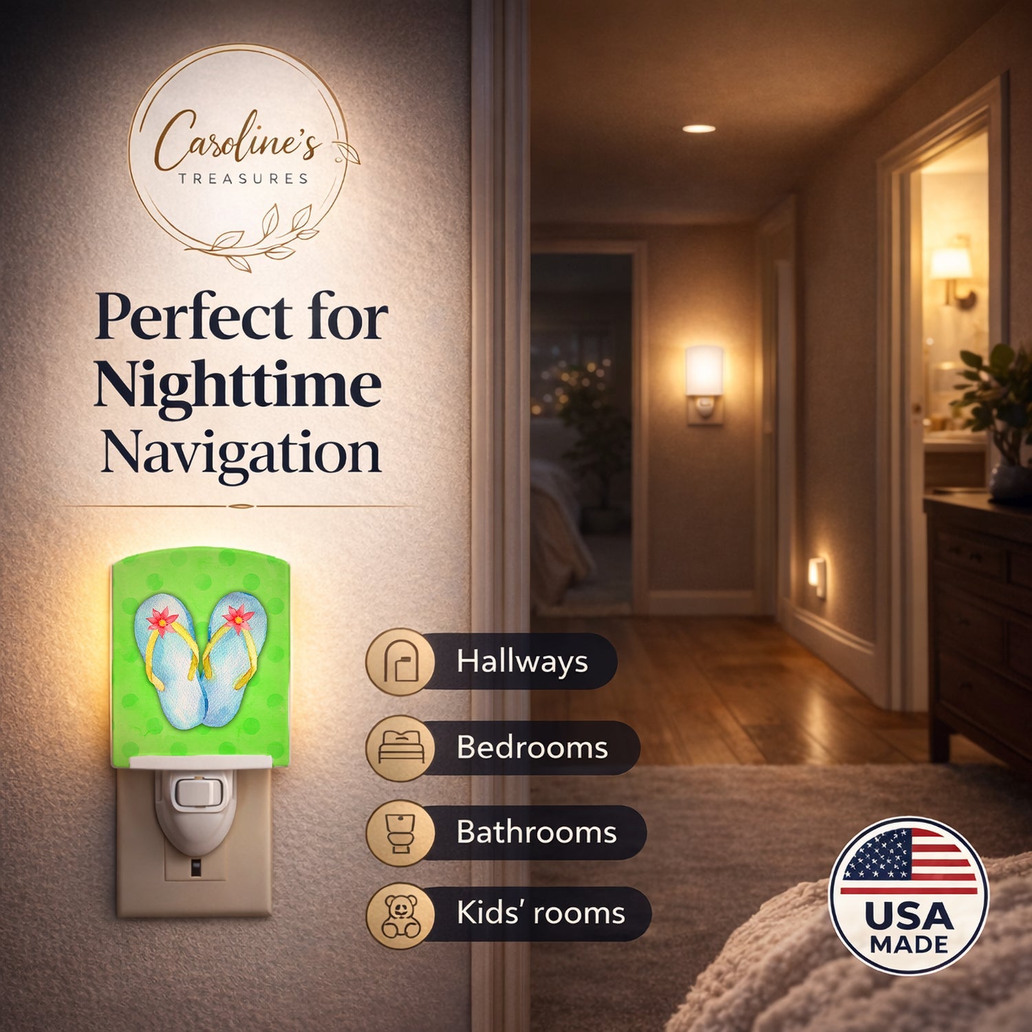 Flip Flops Green Polkadot Ceramic Night Light Compact, UL-Certified, Ideal for Bedroom, Bathroom, Nursery, Hallway, Kitchen, 6x4x3, Multicolor