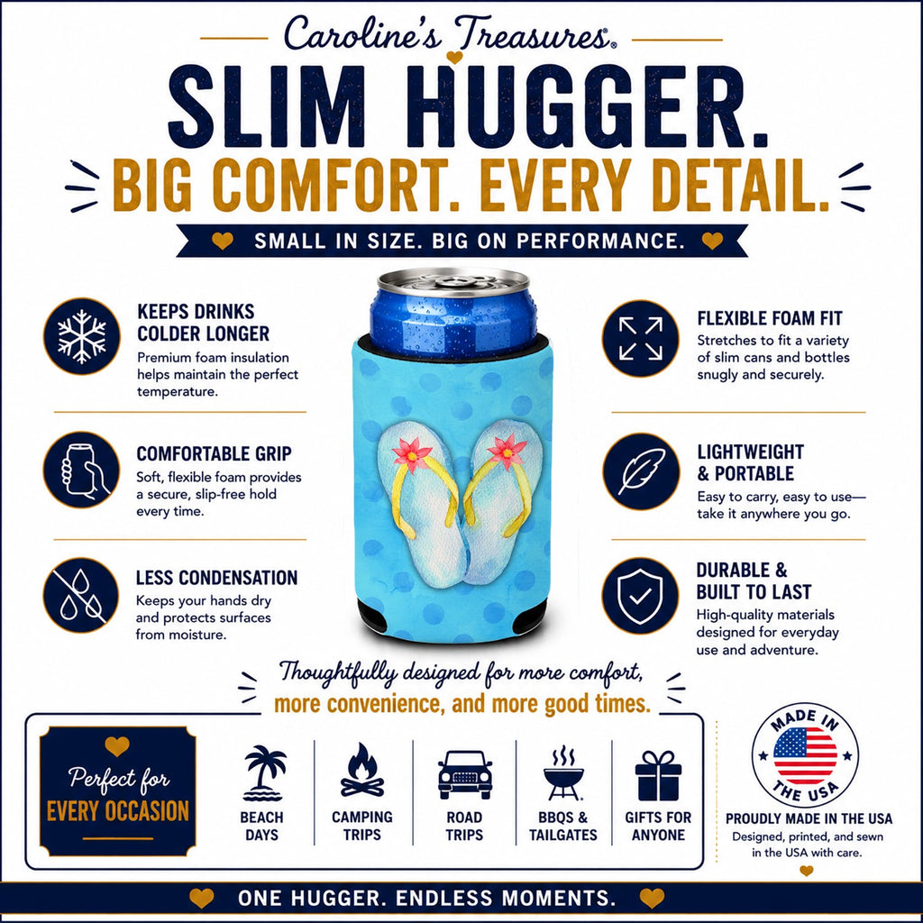 Flip Flops Blue Polkadot Slim Can Hugger  Insulated Foam Sleeve for 12 oz Slim Cans, Beer Bottles & Water Bottles, Made in USA