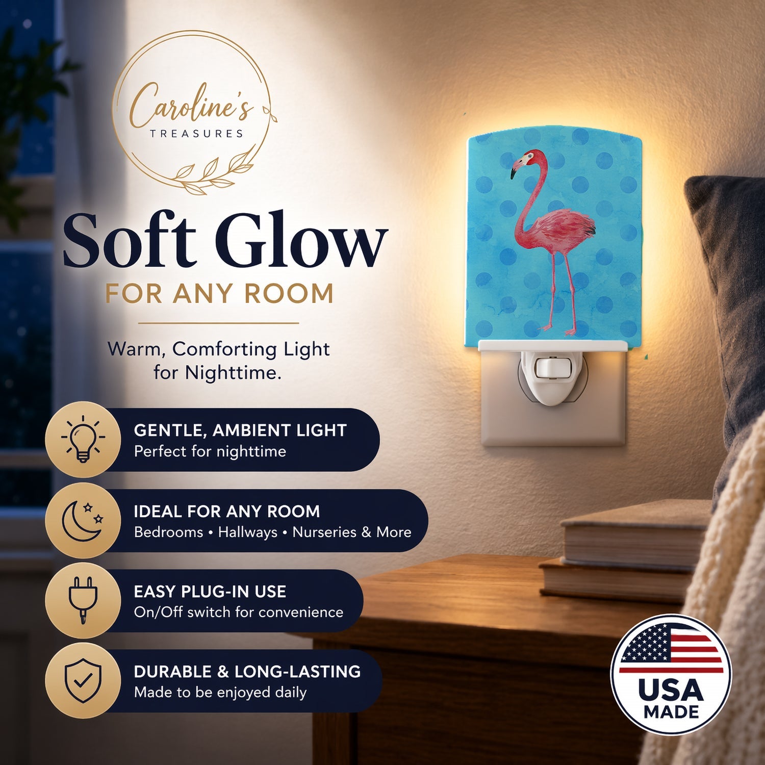 Flamingo Blue Polkadot Ceramic Night Light Compact, UL-Certified, Ideal for Bedroom, Bathroom, Nursery, Hallway, Kitchen, 6x4x3, Multicolor