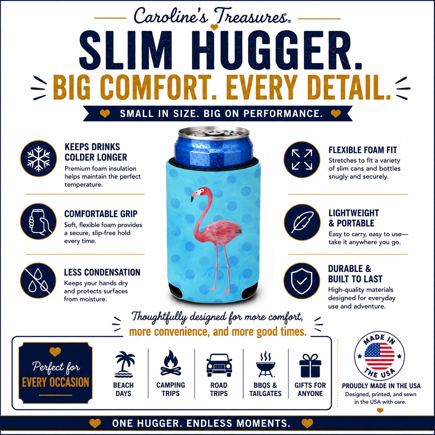 Flamingo Blue Polkadot Slim Can Hugger  Insulated Foam Sleeve for 12 oz Slim Cans, Beer Bottles & Water Bottles, Made in USA