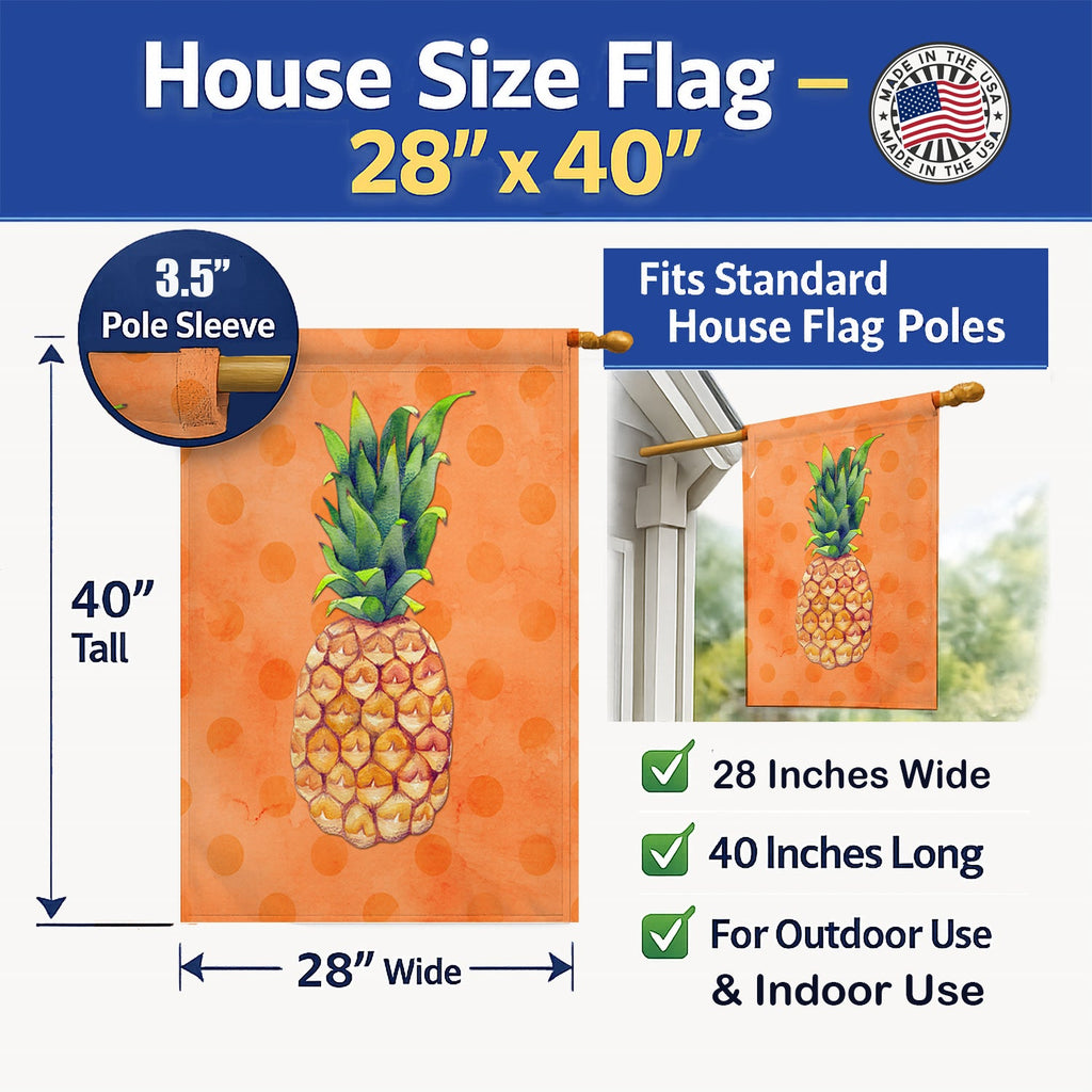 Pineapple Orange Polkadot House Flag 28x40 Porch Sleeve Pole Decorative Outside Yard Banner Artwork Wall Hanging, Polyester