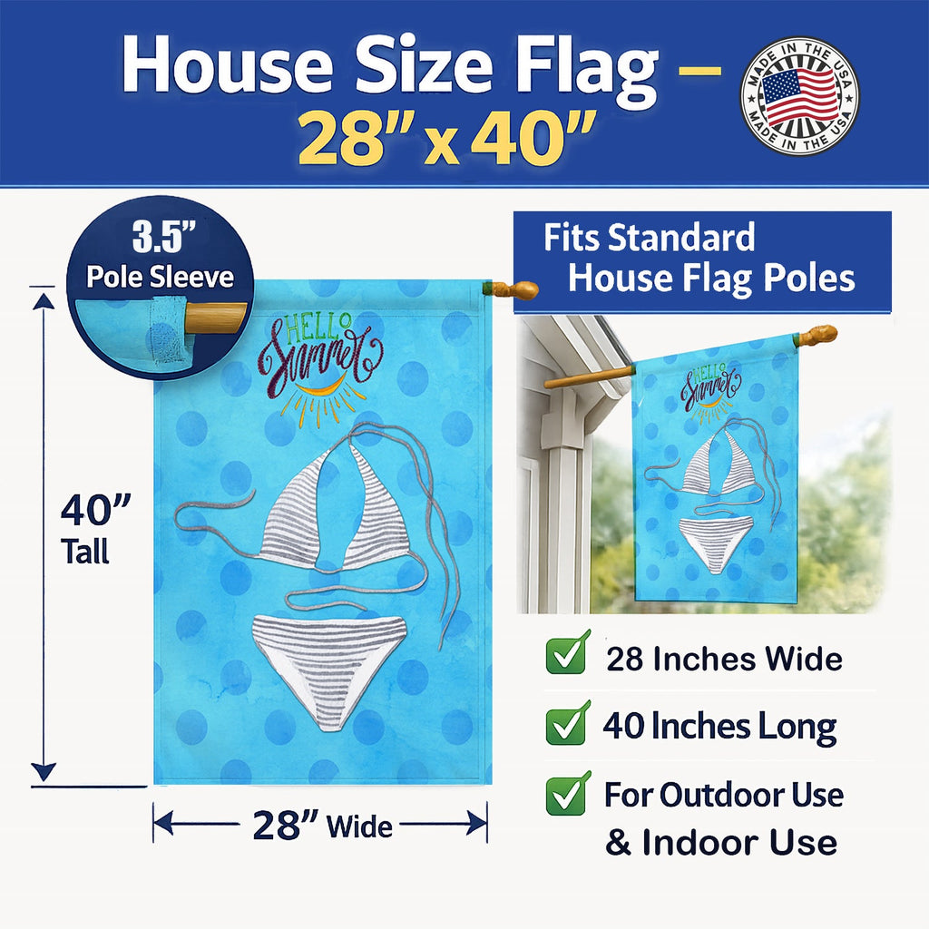Bikini Swimsuit Blue Polkadot House Flag 28x40 Porch Sleeve Pole Decorative Outside Yard Banner Artwork Wall Hanging, Polyester