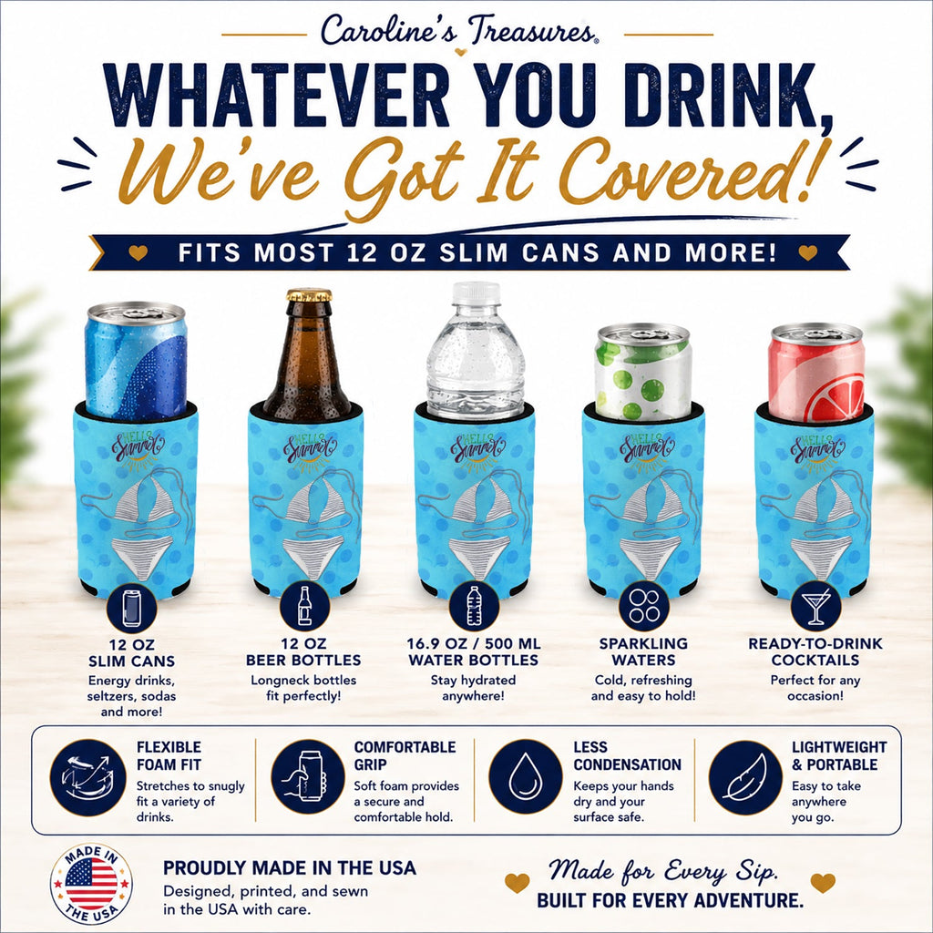 Bikini Swimsuit Blue Polkadot Slim Can Hugger  Insulated Foam Sleeve for 12 oz Slim Cans, Beer Bottles & Water Bottles, Made in USA