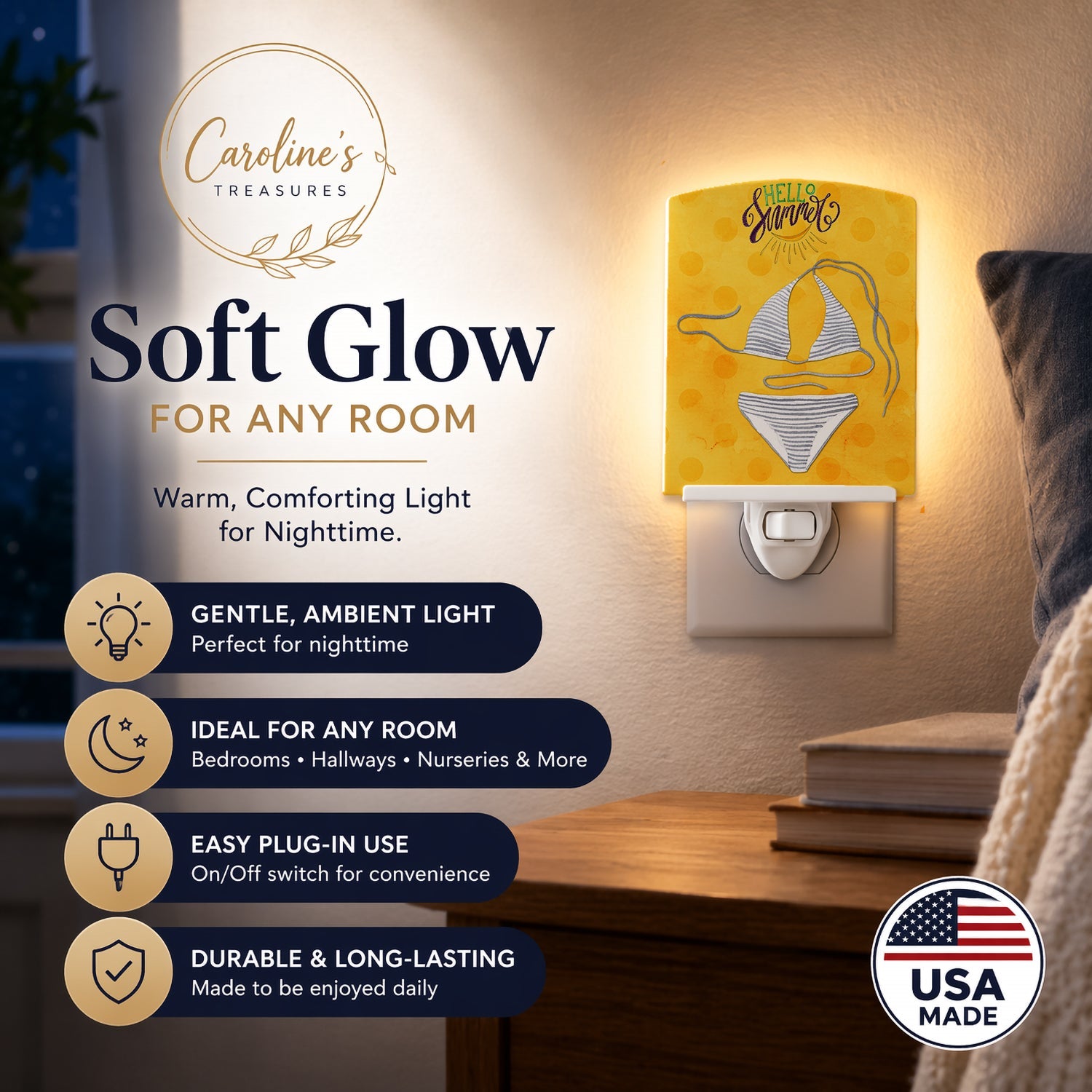 Bikini Swimsuit Yellow Polkadot Ceramic Night Light Compact, UL-Certified, Ideal for Bedroom, Bathroom, Nursery, Hallway, Kitchen, 6x4x3, Multicolor