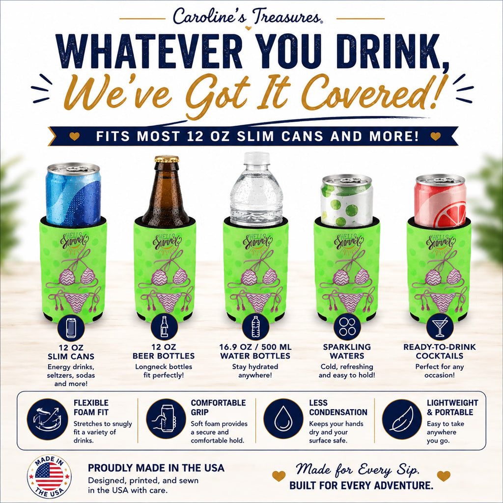 Bikini Swimsuit Green Polkadot Slim Can Hugger  Insulated Foam Sleeve for 12 oz Slim Cans, Beer Bottles & Water Bottles, Made in USA